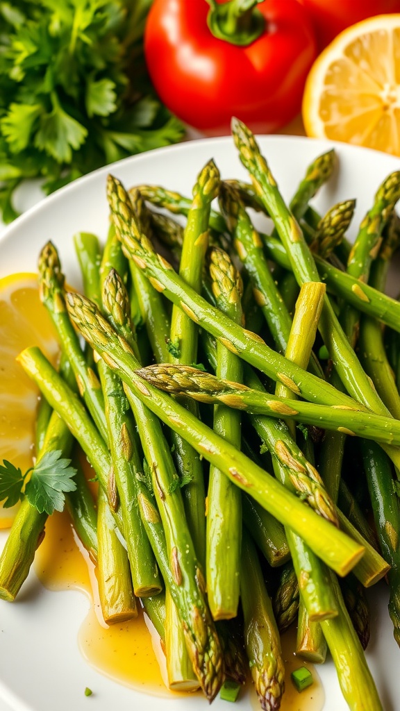 Zesty lemon asparagus stir-fry with fresh parsley on a white plate, surrounded by lemon slices.